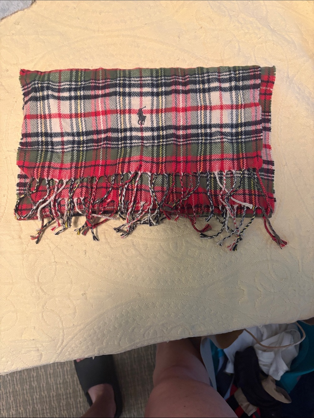 Ralph Lauren Polo Plaid Wool Fringe Scarf - Red Green, Cream